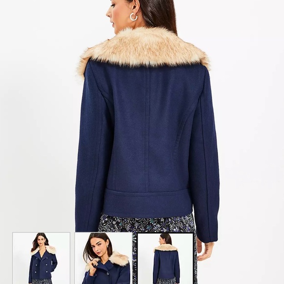 NWT LOFT Faux Fur Collar Doublecloth Jacket in Navy blue - Picture 3 of 3